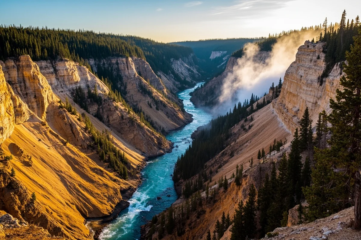 Panoramic view of Lower Falls cascading into the Grand Canyon of the Yellowstone with golden canyon walls