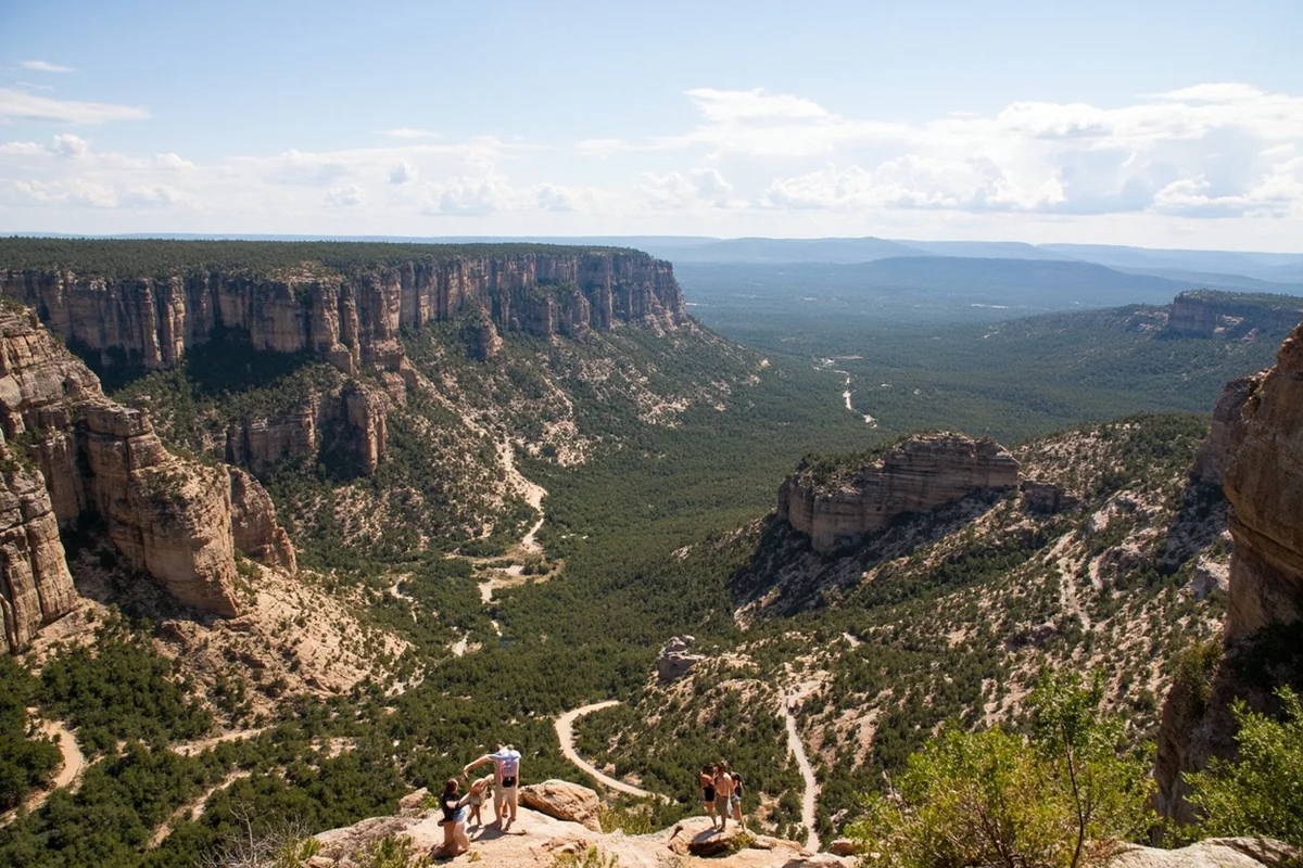 Panoramic view of Makoshika State Park's dramatic rock formations and hiking trails with visitors exploring the landscape