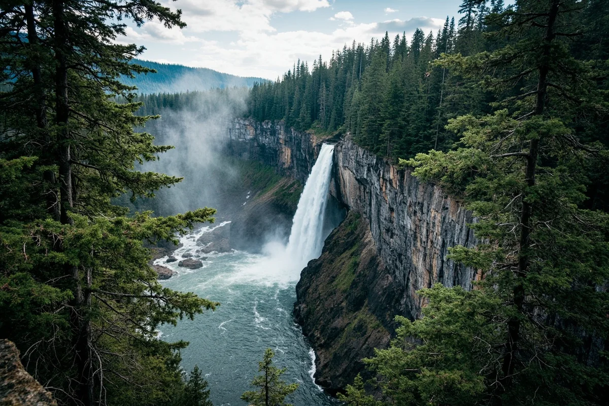 Panoramic view of Miche Wabun Falls cascading down rocky cliffs with evergreen forest framing the scene