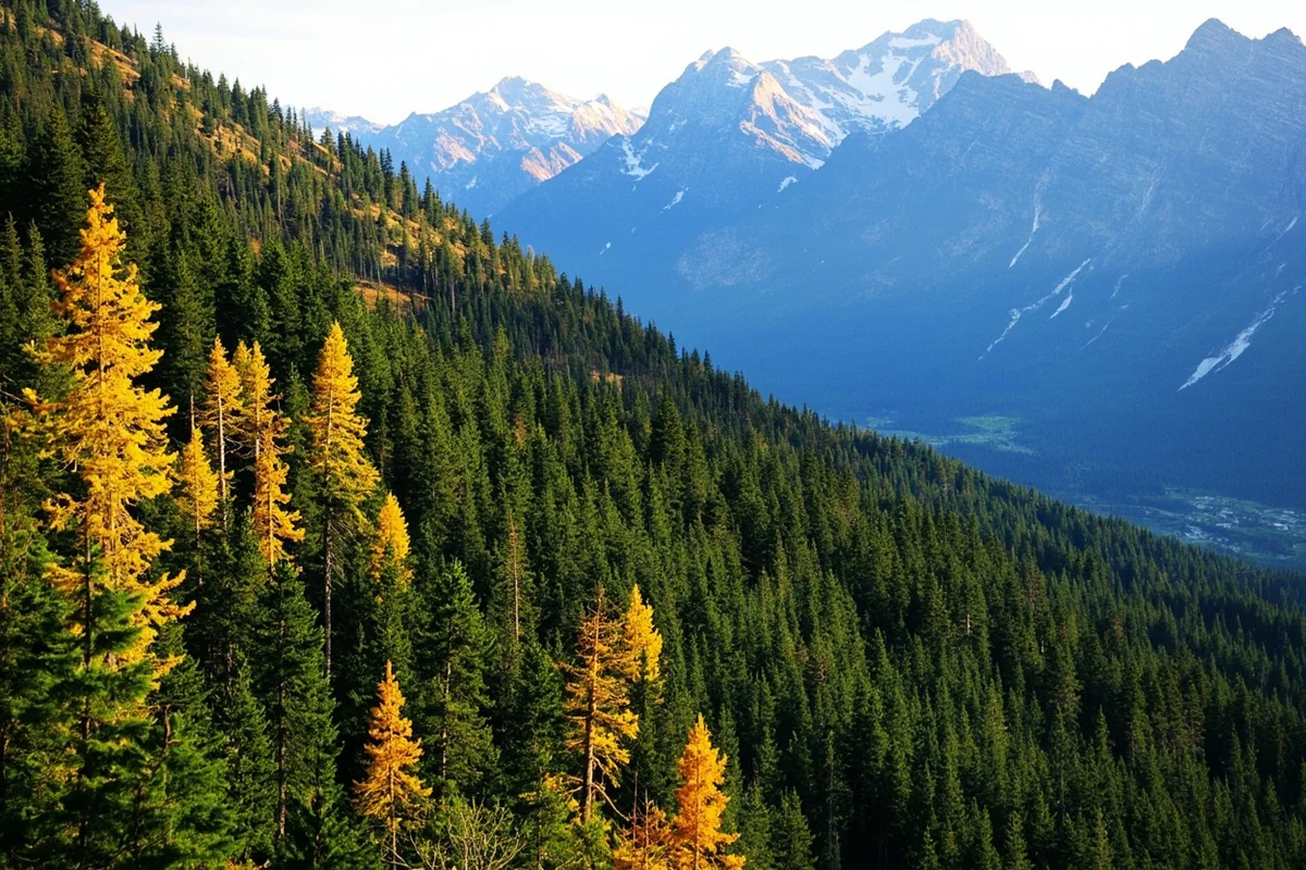 Panoramic view of mixed conifer forest in Glacier National Park showing multiple tree species on mountainside