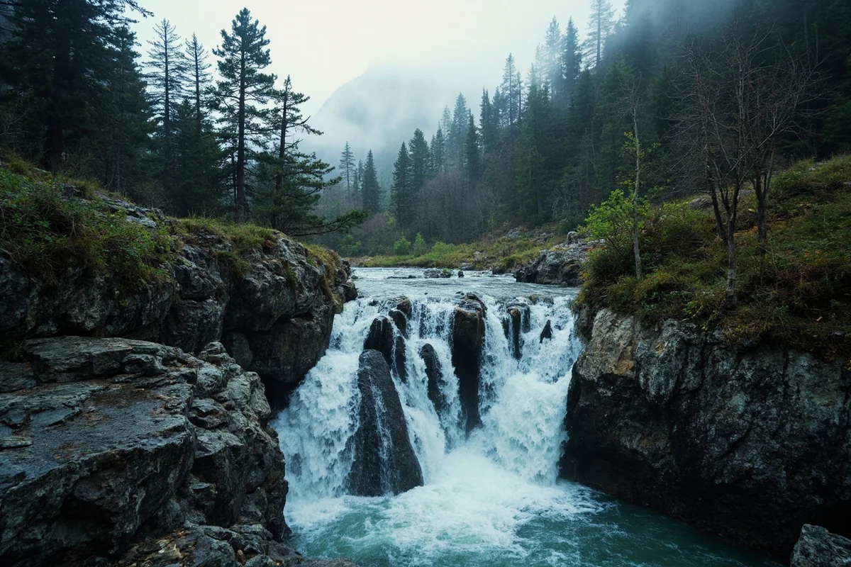 Panoramic view of Mokowanis Cascade tumbling down rocky cliffs surrounded by alpine wilderness