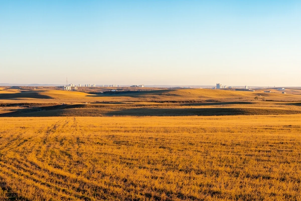 Panoramic view of Montana Hi-Line prairie country with rolling hills and distant grain elevators