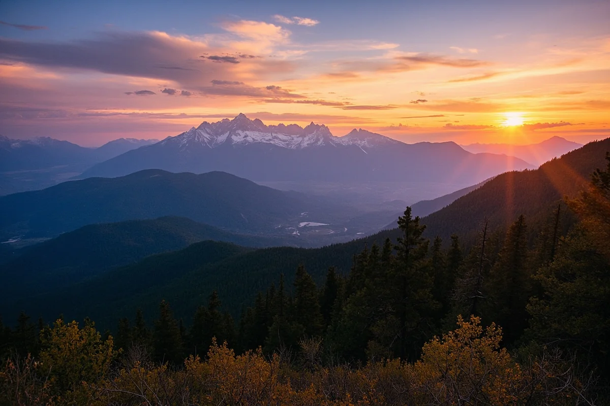 Panoramic view of Montana landscape with mountains, forests, and big sky at sunset
