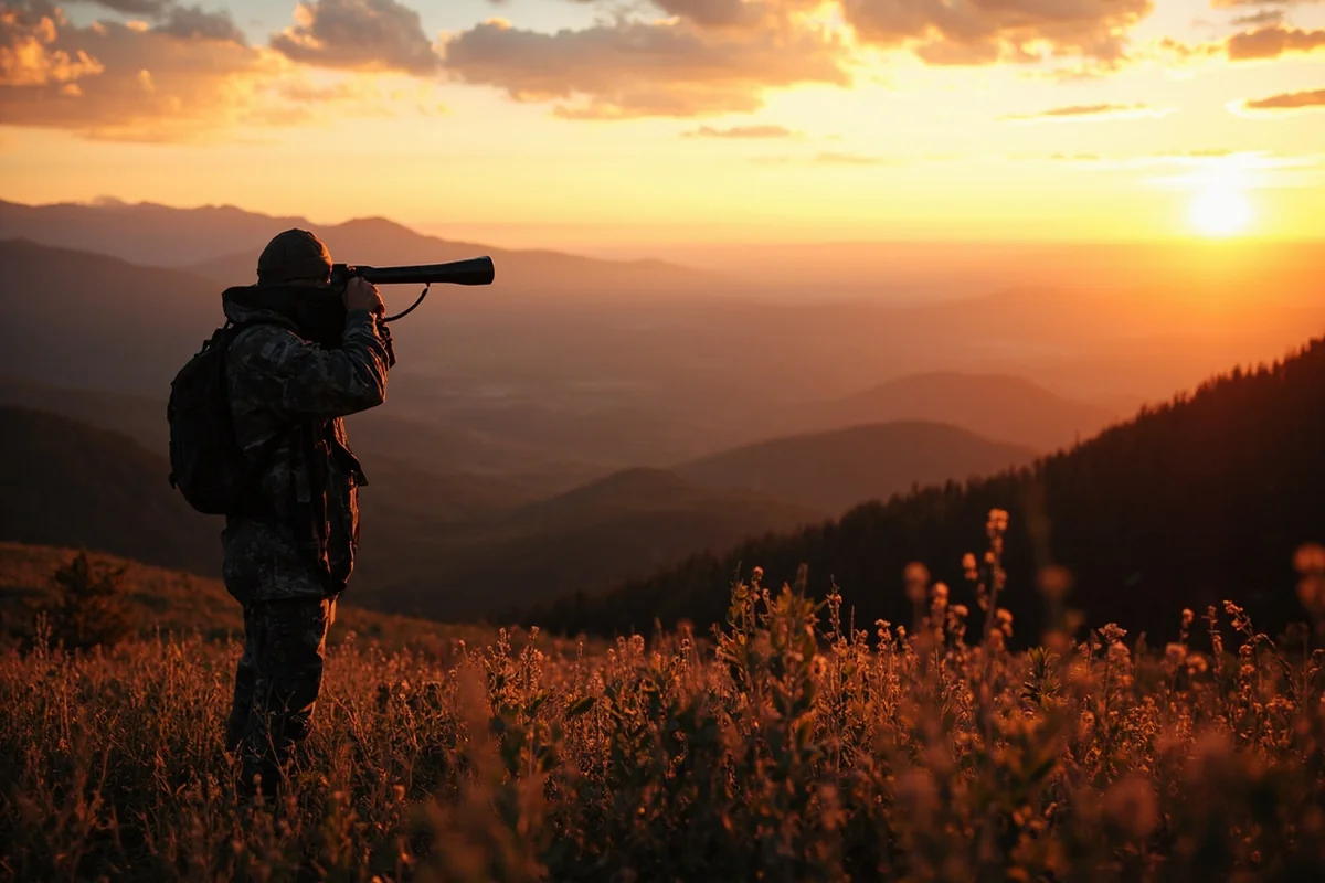 Panoramic view of Montana mountain landscape at dawn with hunter glassing for elk