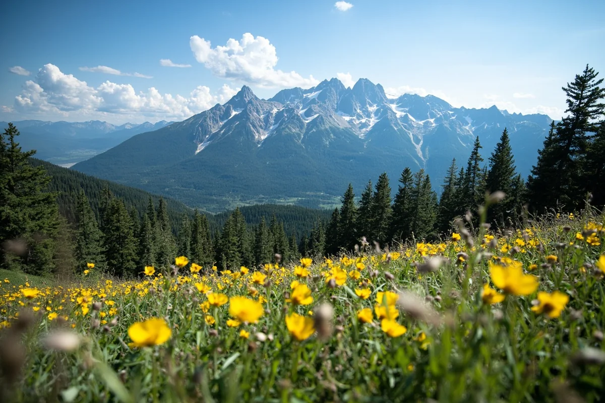 Panoramic view of Montana mountain landscape with wildflowers in foreground, symbolizing affordable natural beauty