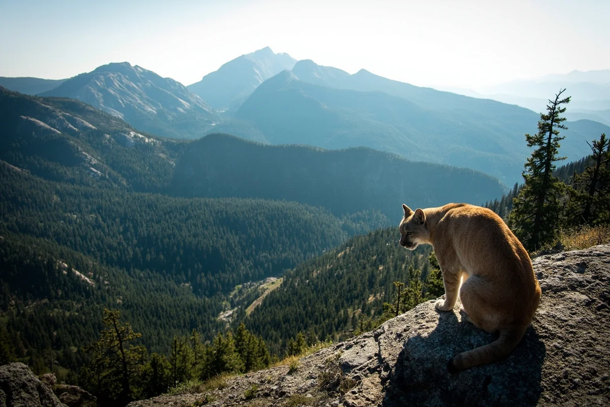 Panoramic view of Montana mountain lion habitat showing forested mountainside with rocky outcrops