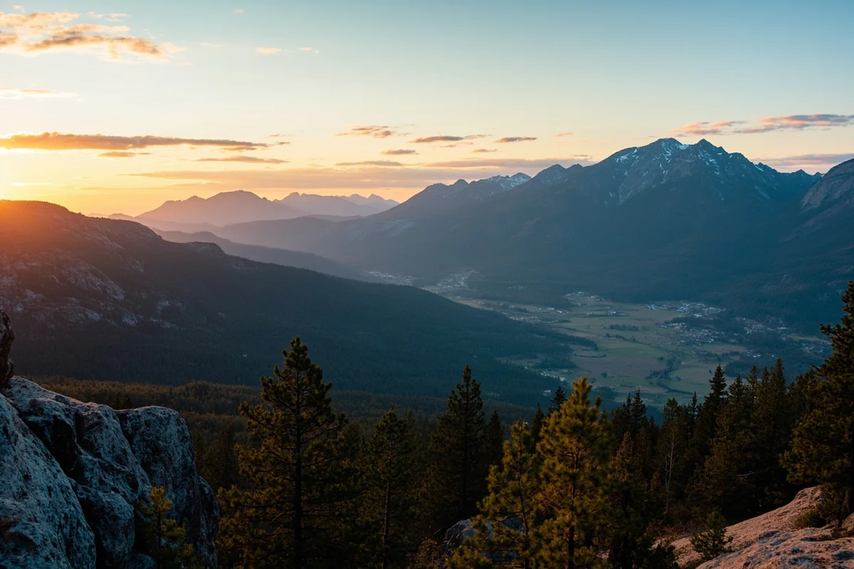 Panoramic view of Montana mountain range at golden hour with valley below