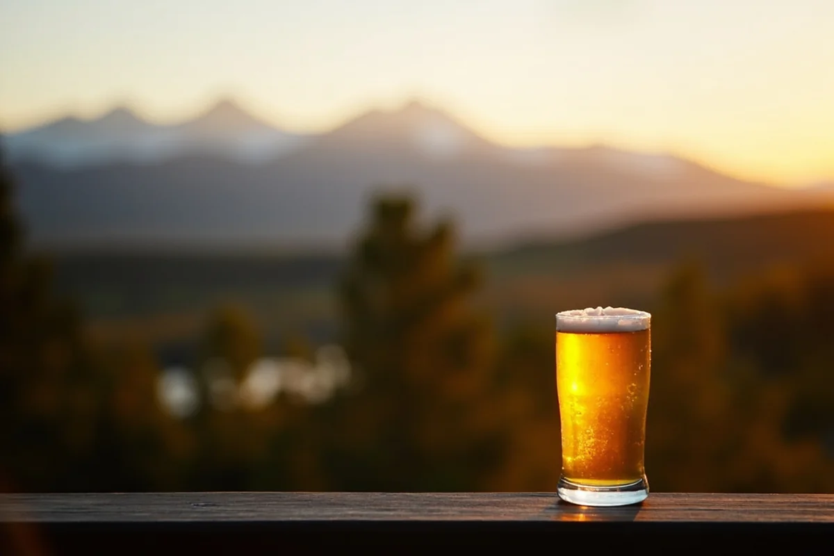 Panoramic view of Montana mountains at golden hour with a craft beer glass in the foreground on a brewery patio railing