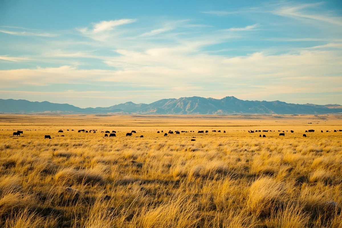 Panoramic view of Montana ranch land with cattle in distance, emphasizing the vastness of the landscape