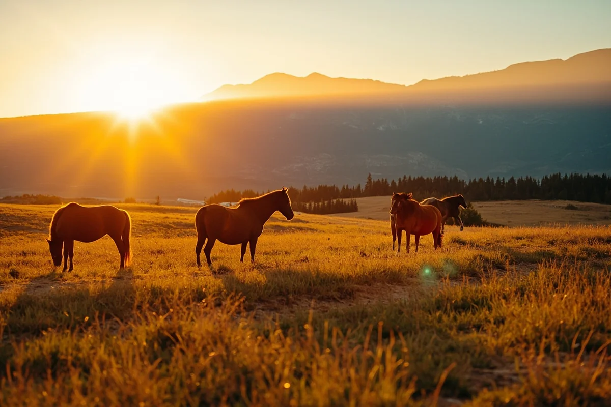 Panoramic view of Montana ranch with horses grazing and mountain backdrop at sunrise