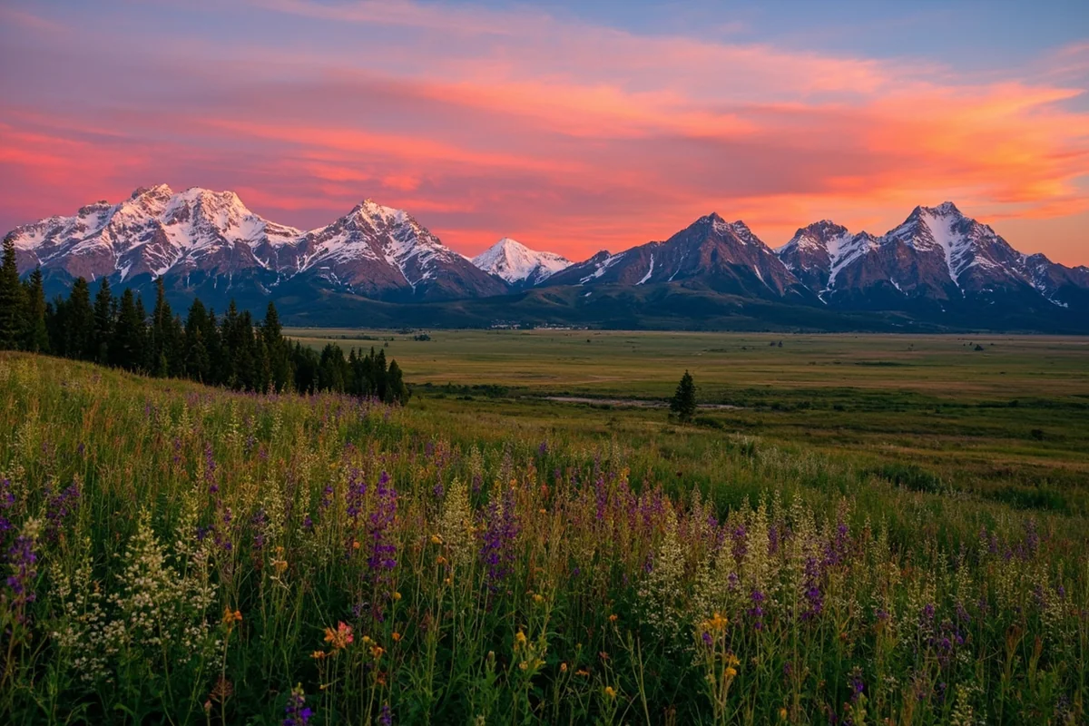 Panoramic view of Montana's Mission Mountains at sunset with wildflower meadow in foreground