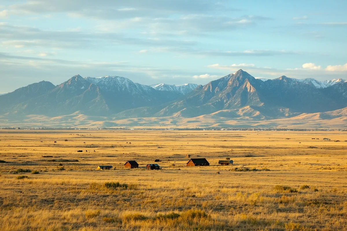 Panoramic view of Montana valley with mountains in background and small ranch homes scattered across grassland