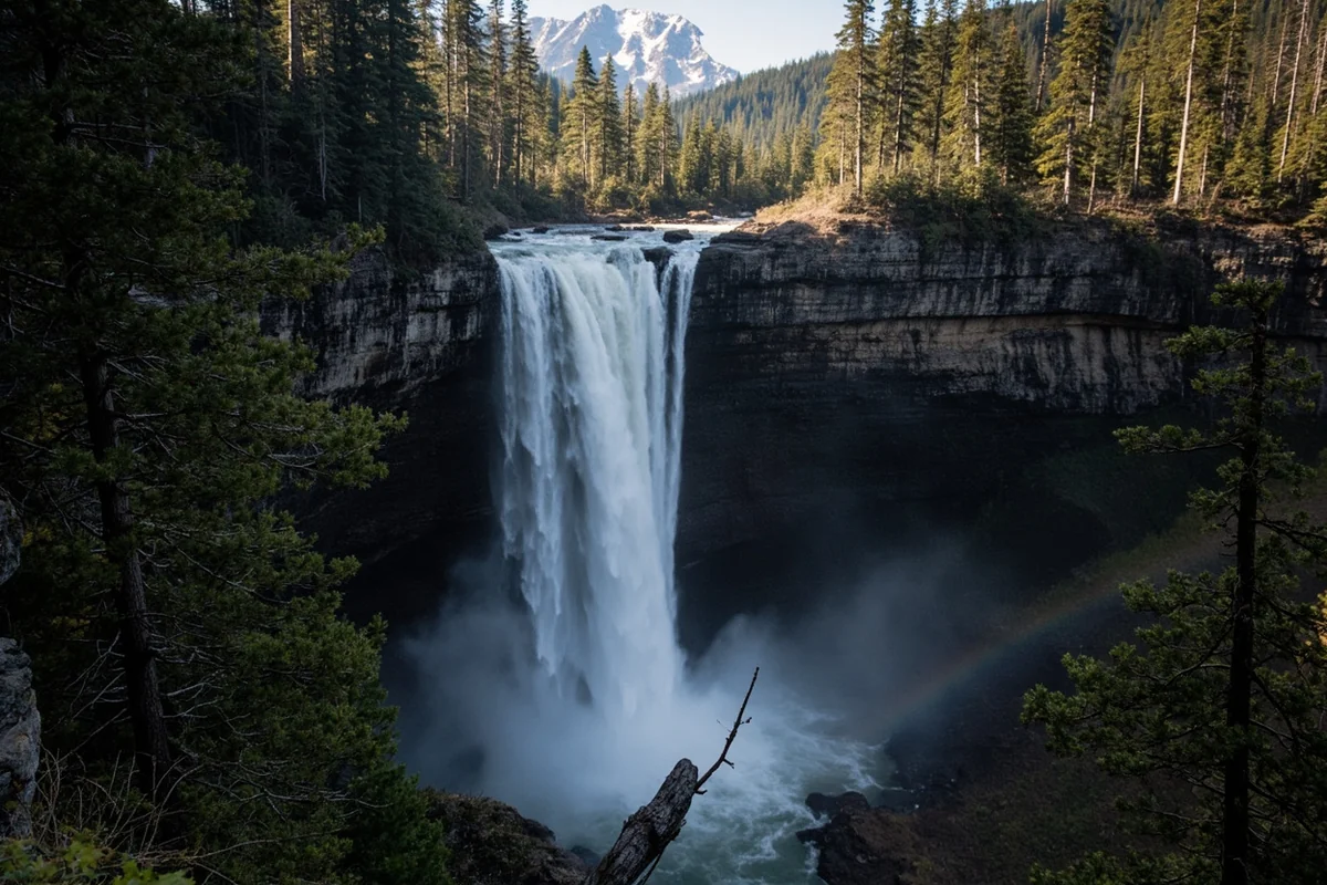 Panoramic view of Morrell Falls cascading down rocky cliff face with surrounding evergreen forest