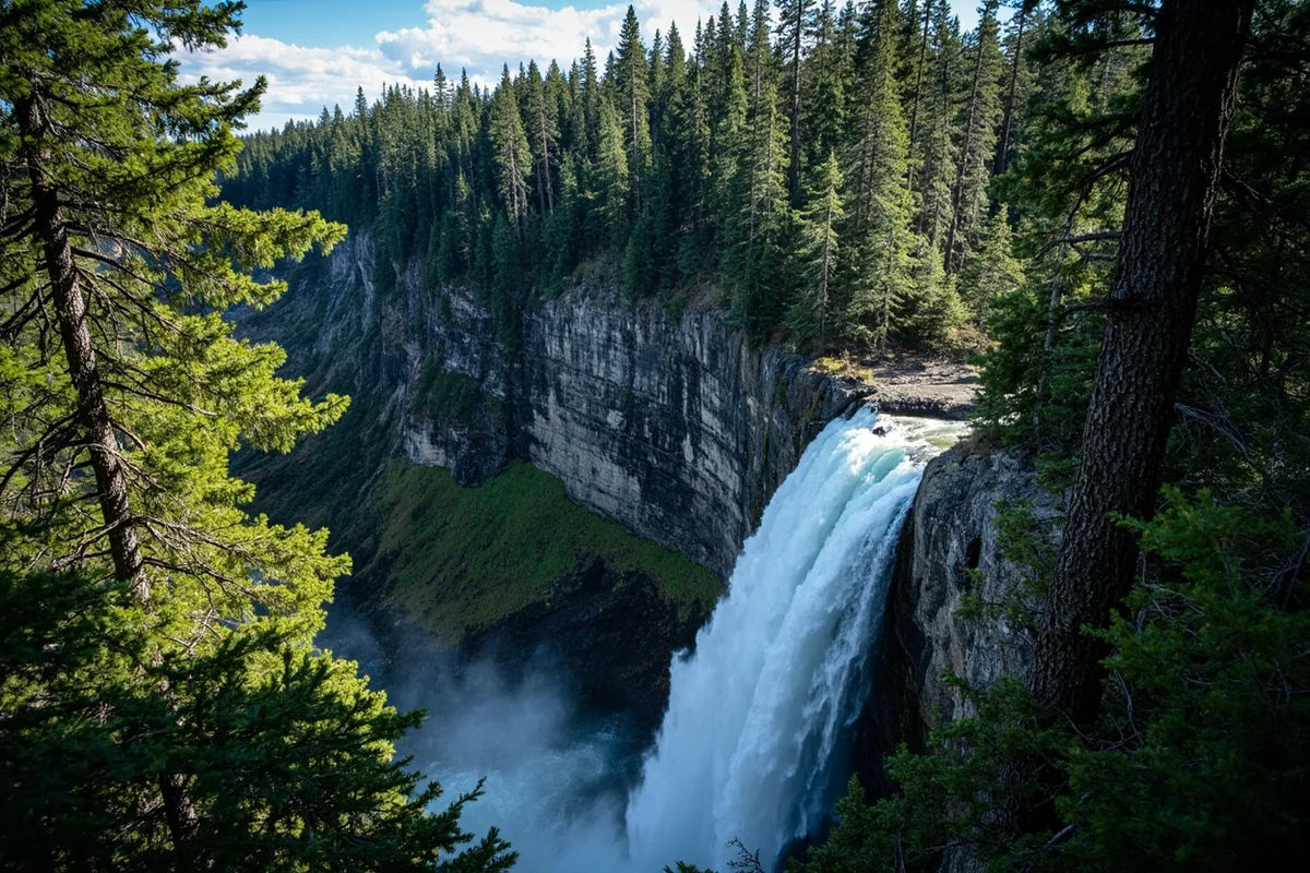 Panoramic view of Needle Falls cascading down rocky cliff face surrounded by evergreen forest