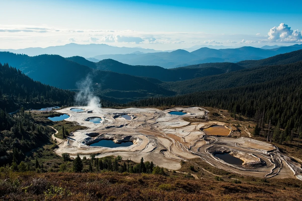 Panoramic view of Potosi Hot Springs area showing surrounding mountains and forest