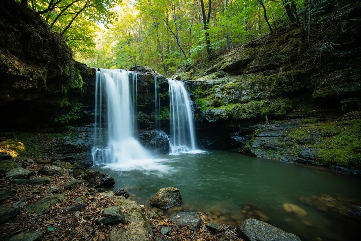 Panoramic view of Salamander Falls cascading over moss-covered rocks into a clear pool below