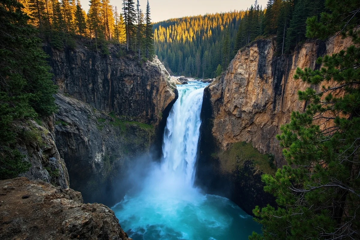 Panoramic view of Skalkaho Falls cascading through rocky canyon with evergreen forest backdrop