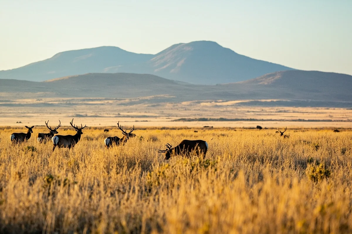 Panoramic view of Sweet Grass Hills rising from the Montana prairie with mule deer habitat in foreground