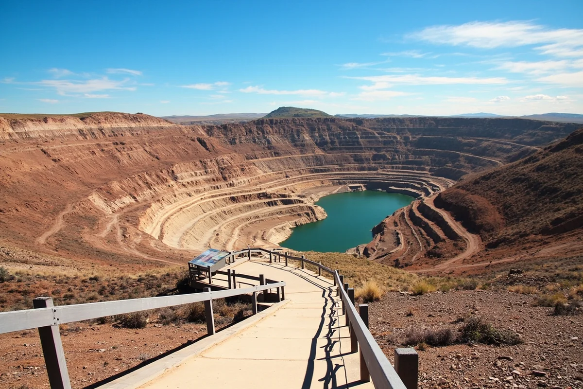 Panoramic view of the Berkeley Pit in Butte, Montana with interpretive signs and viewing platform