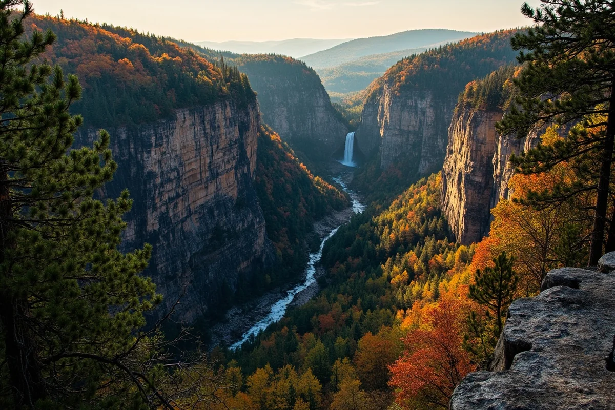 Panoramic view of the canyon and forest surrounding Little North Fork Falls