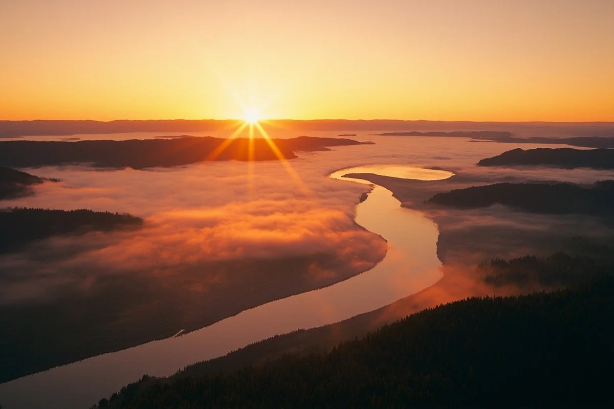 Panoramic view of the Gallatin River valley at sunrise with mist rising off the water