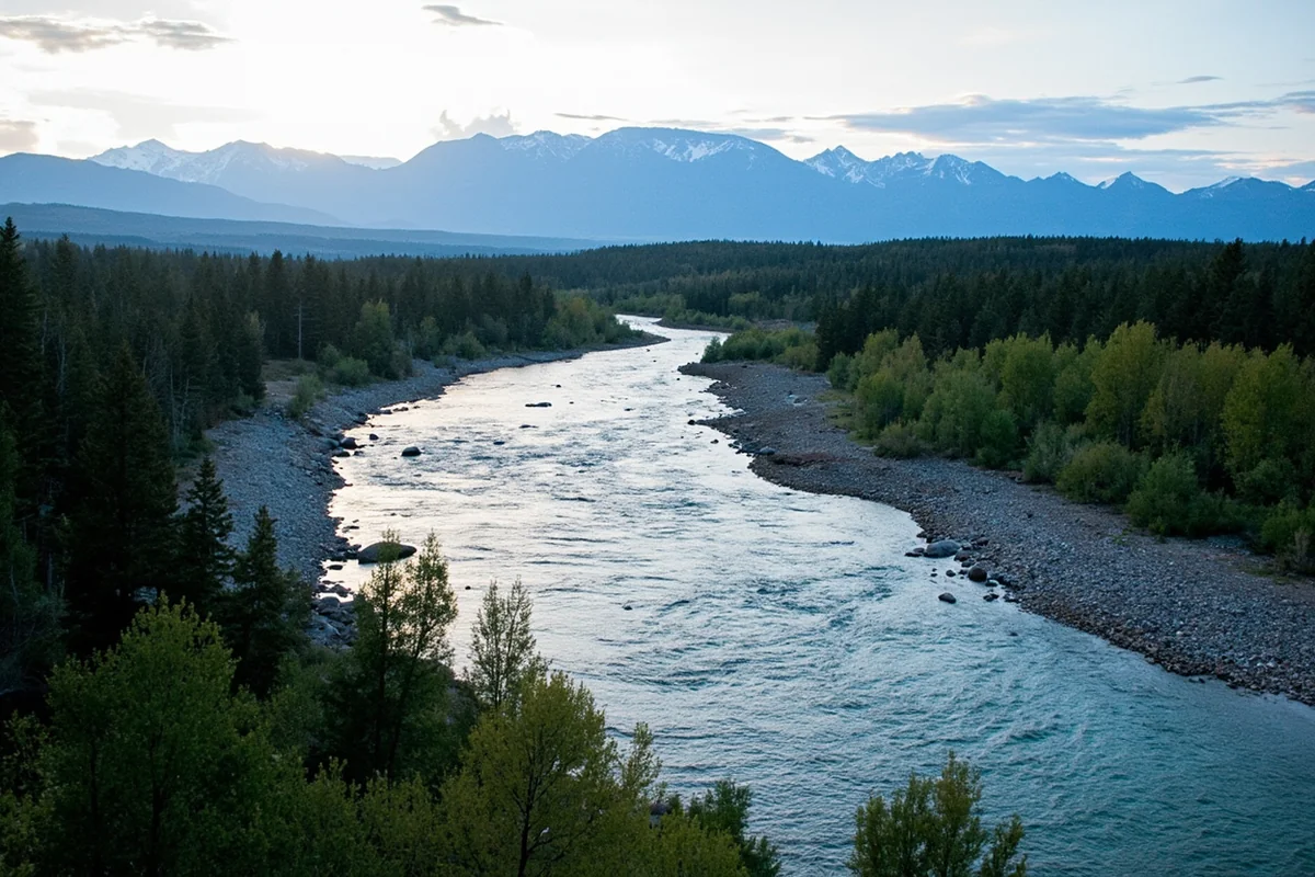 Panoramic view of the Gallatin River with mountains in the background, similar to A River Runs Through It scenes