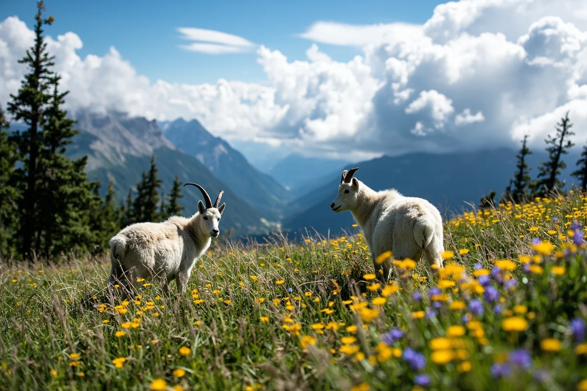 Panoramic view of the Highline Trail with mountain goats and wildflower meadows