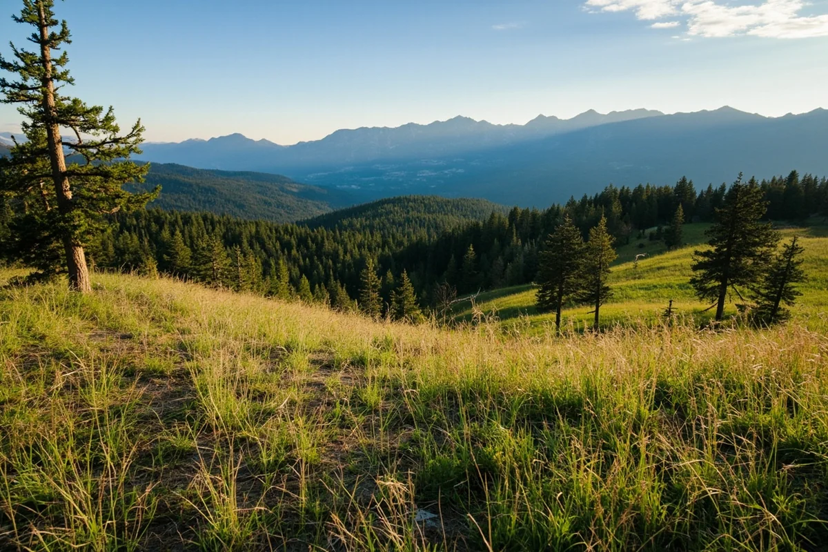 Panoramic view of the meadow and forest surrounding Nimrod Hot Springs