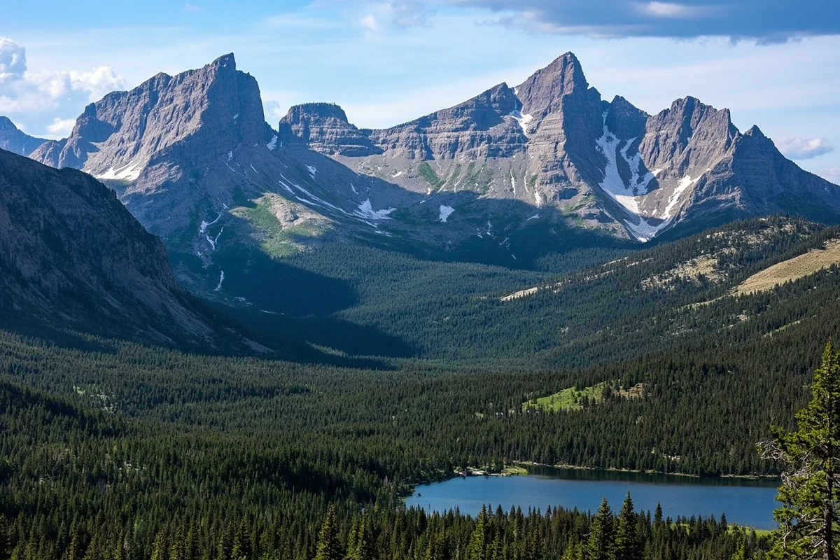 Panoramic view of Two Medicine area showing multiple peaks and lake