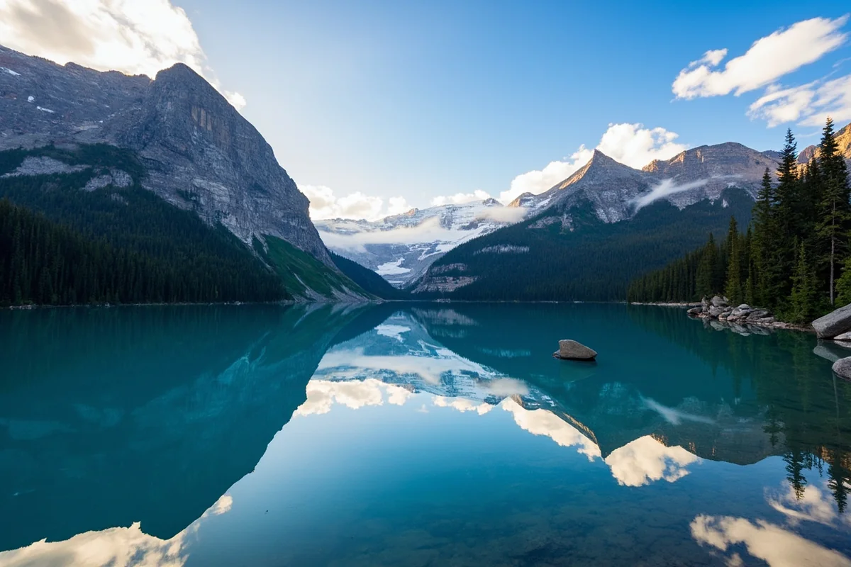 Panoramic view of Two Medicine Lake with mountain reflections in Glacier National Park