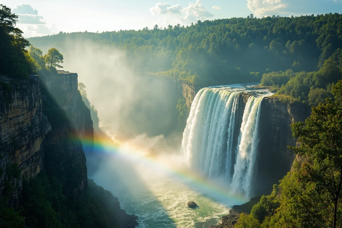 Paradise Falls full cascade view with rainbow mist in afternoon sunlight