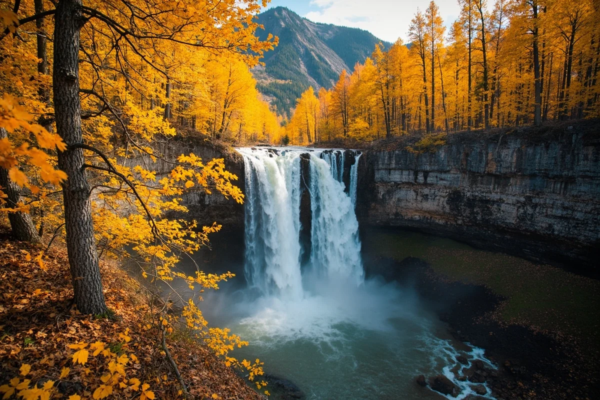 Paradise Falls in autumn with golden aspen trees in foreground