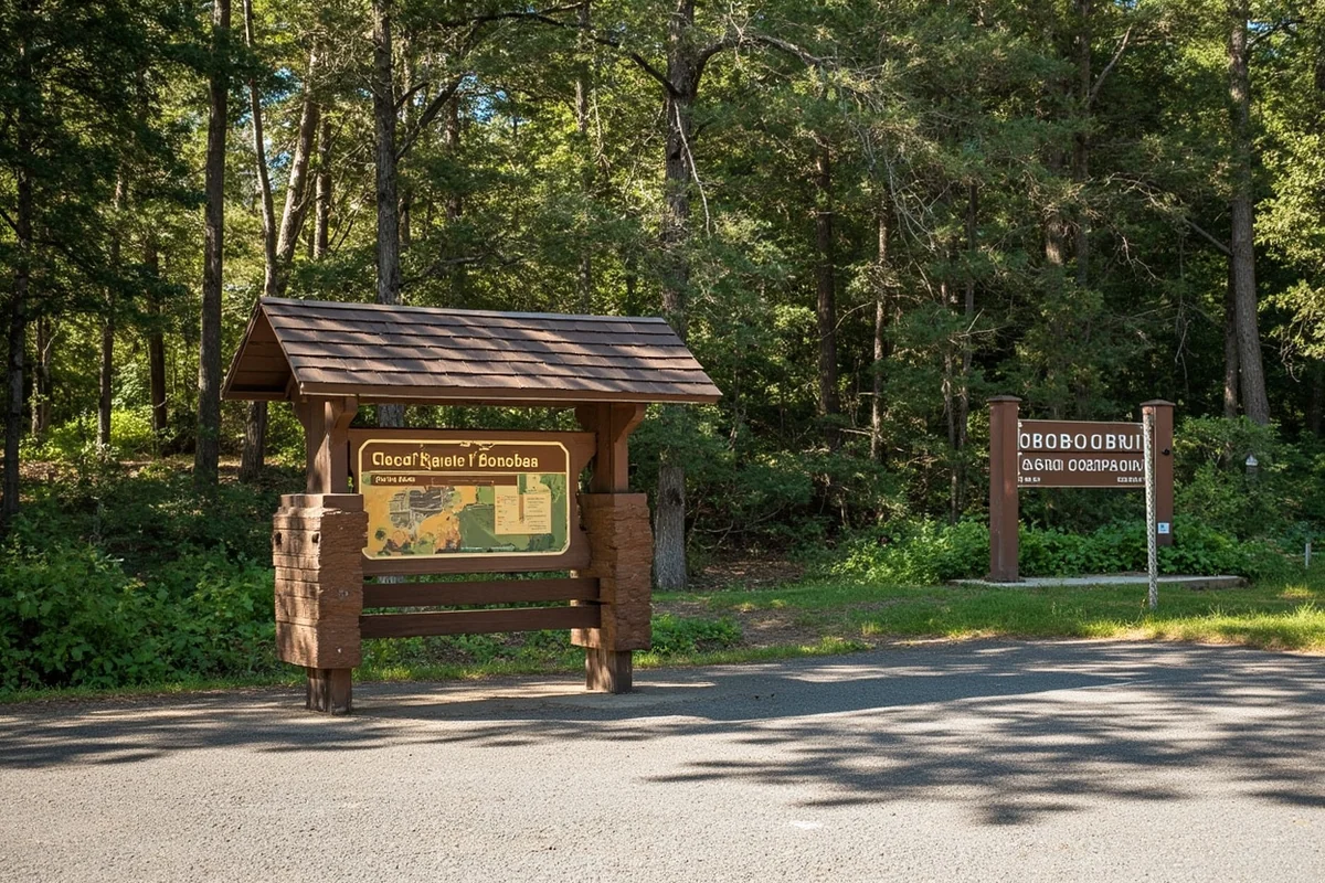 Paradise Falls trailhead parking area and information kiosk with forest backdrop