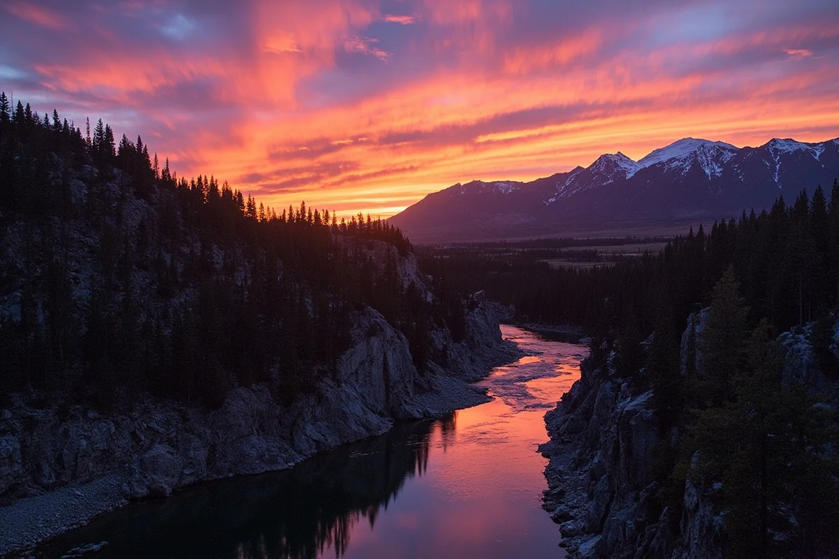 Paradise Valley sunset with Yellowstone River in foreground and Absaroka Range catching alpenglow