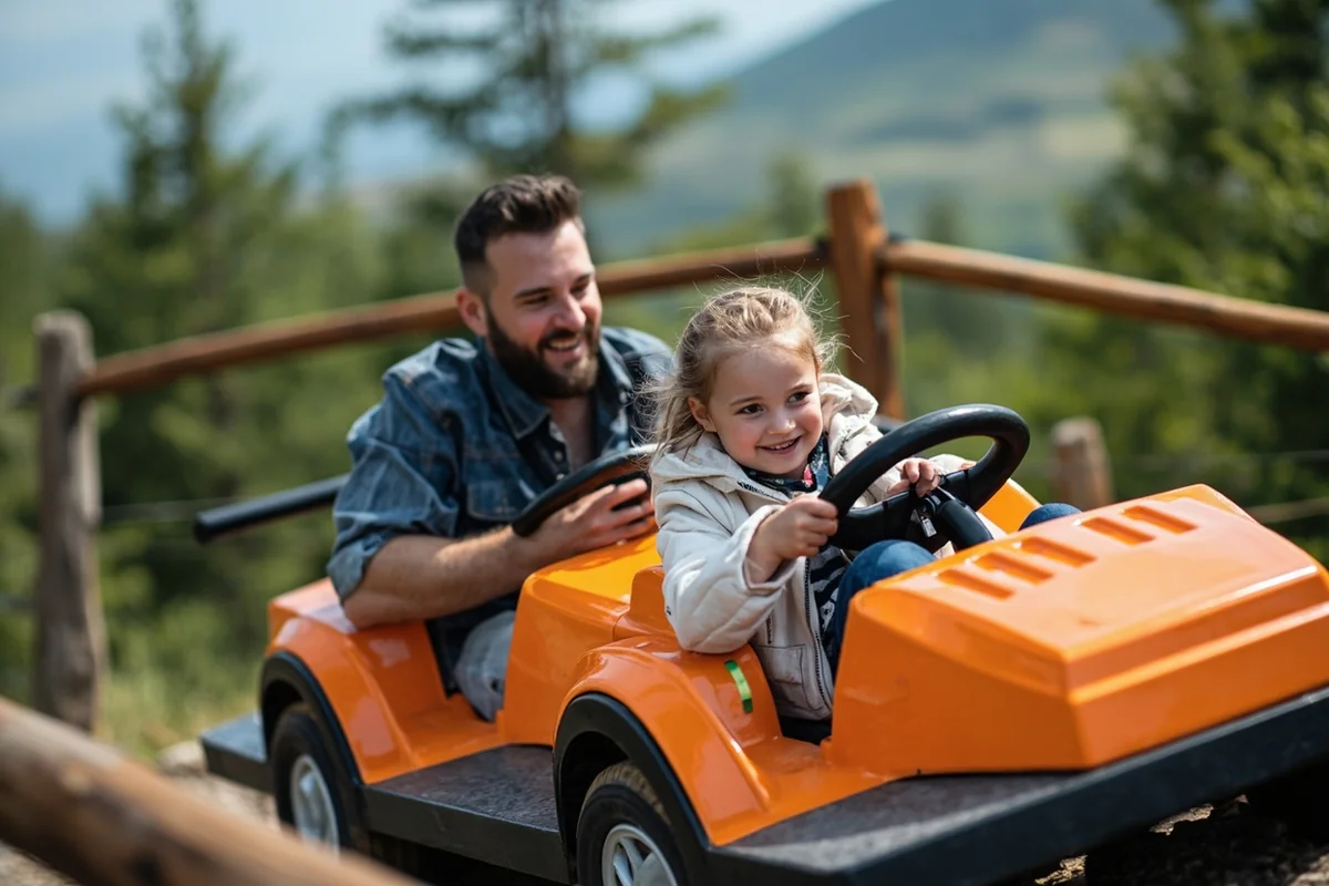 Parent and child riding tandem in a mountain coaster cart