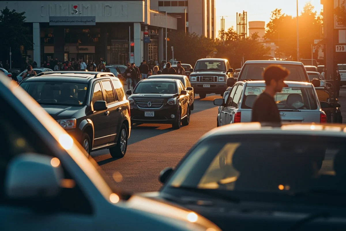 Parking lot scene showing cars and fans walking toward venue entrance