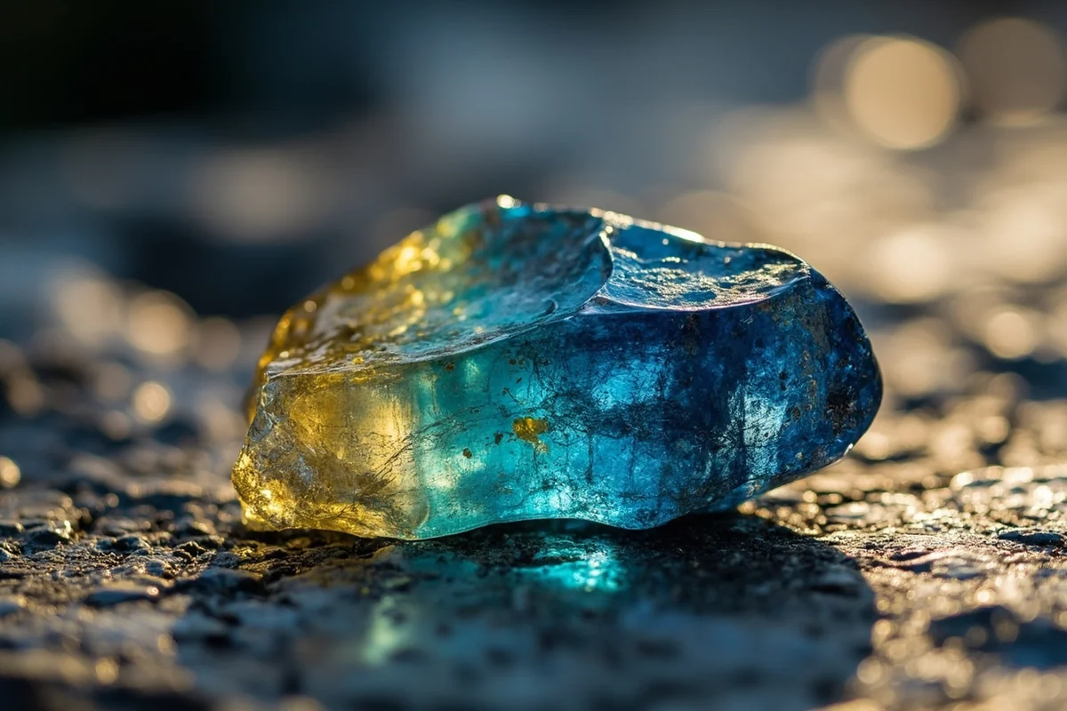 Parti-colored Montana sapphire showing blue and gold zones under natural light