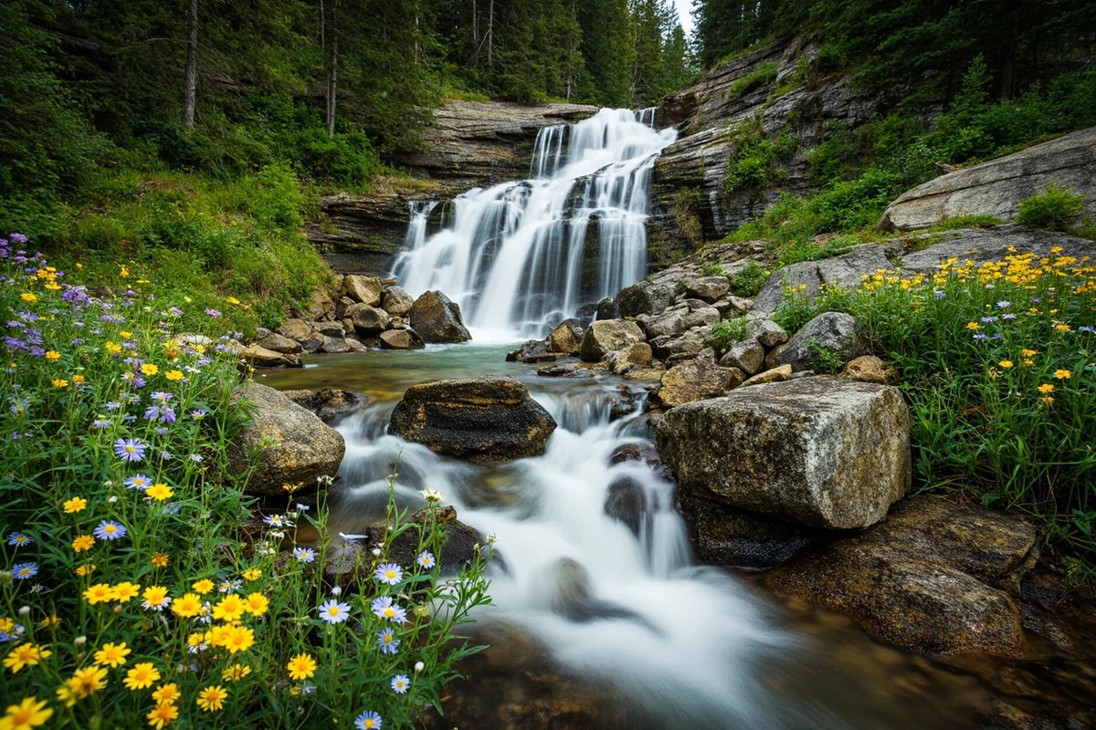 Passage Creek Falls surrounded by summer wildflowers in full bloom