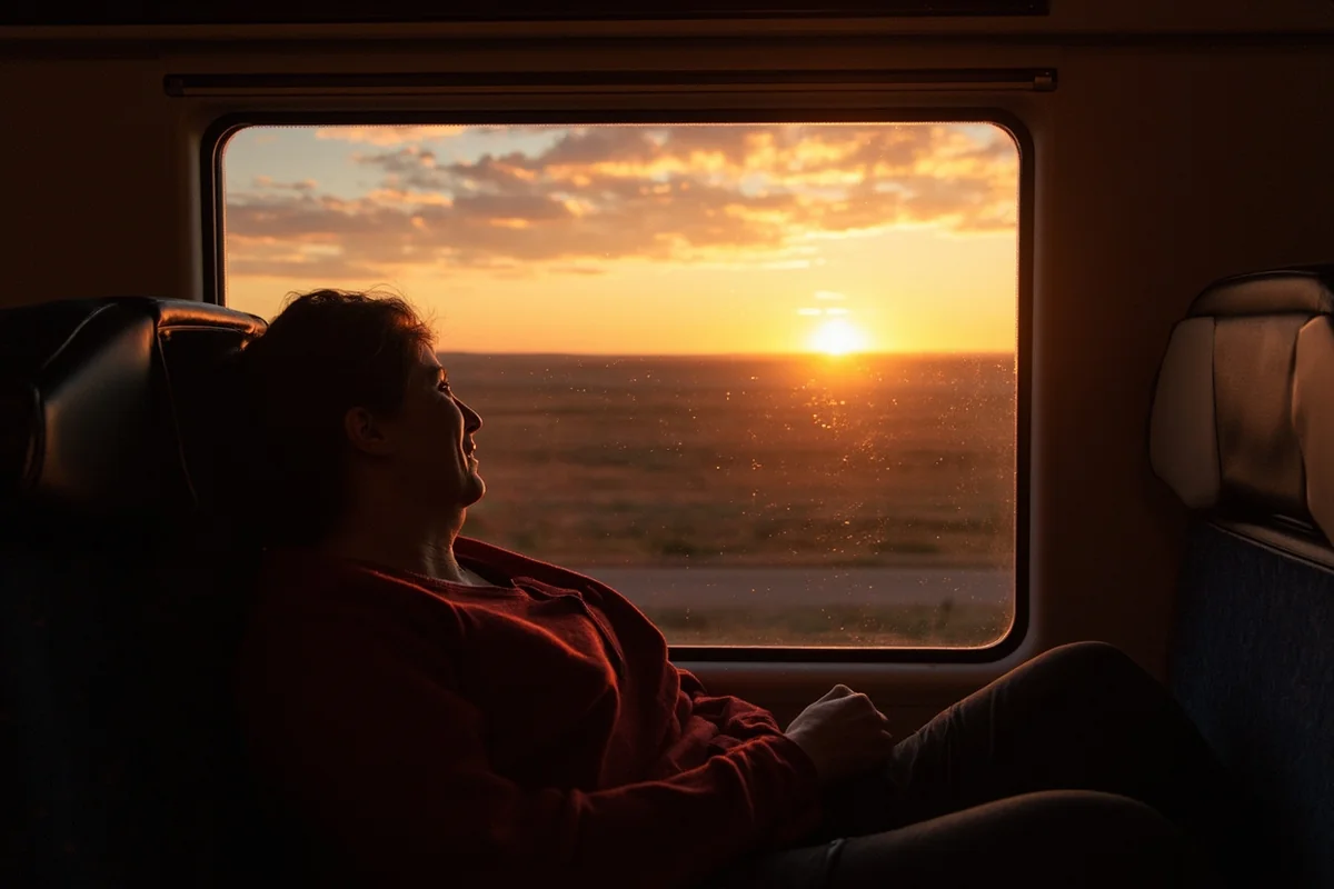 Passenger relaxing in Amtrak roomette with Montana sunset visible through window