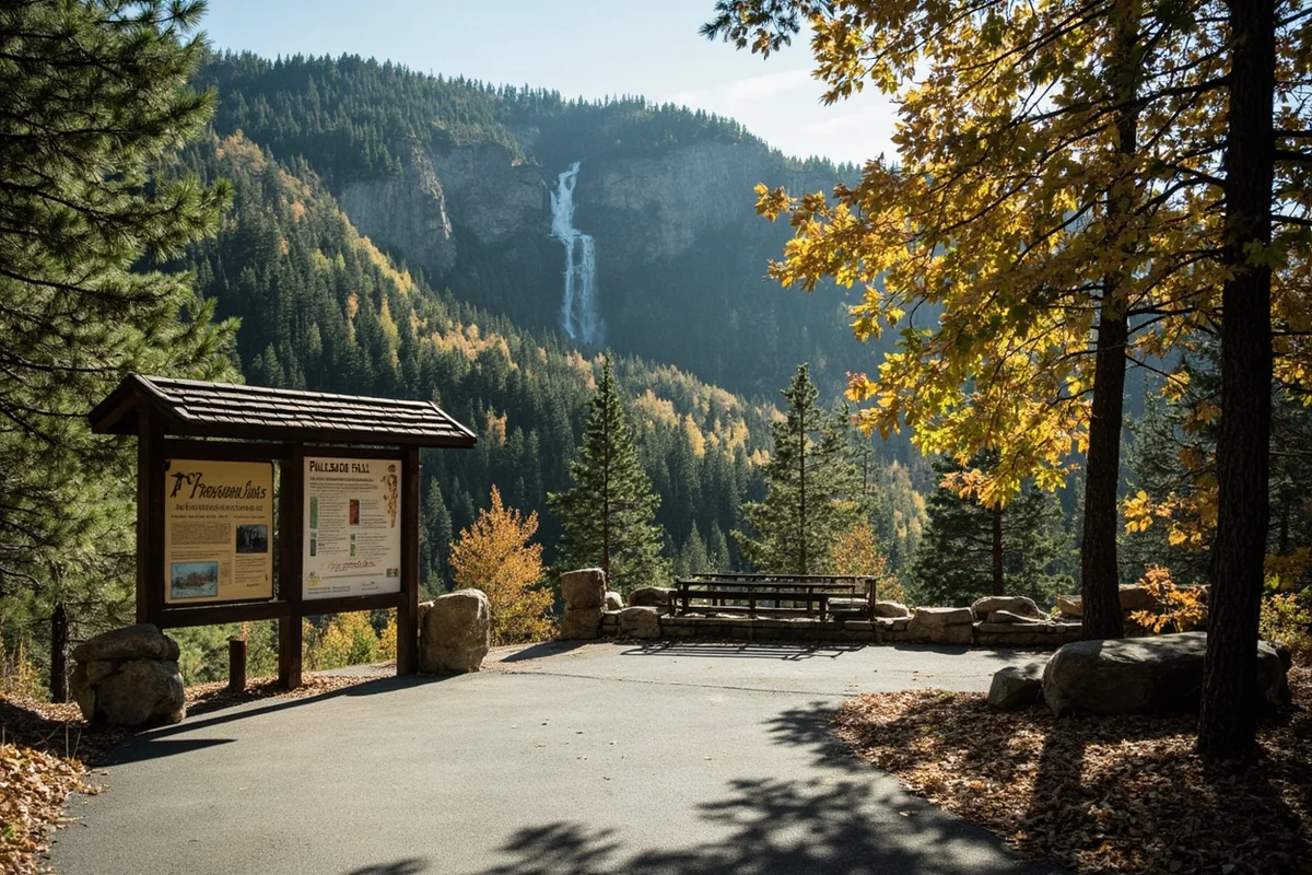 Paved Palisade Falls trailhead with interpretive signage and forest backdrop