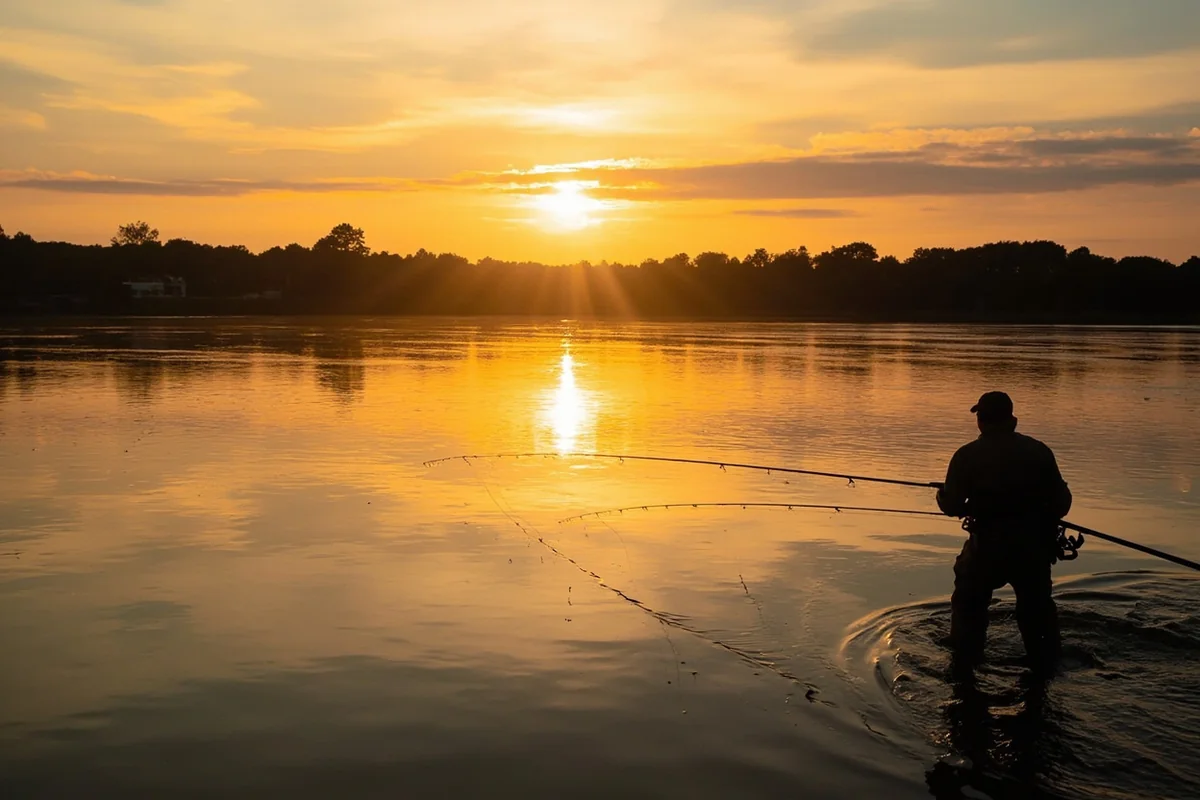 Peaceful riverside scene with angler fly fishing on calm water at sunset