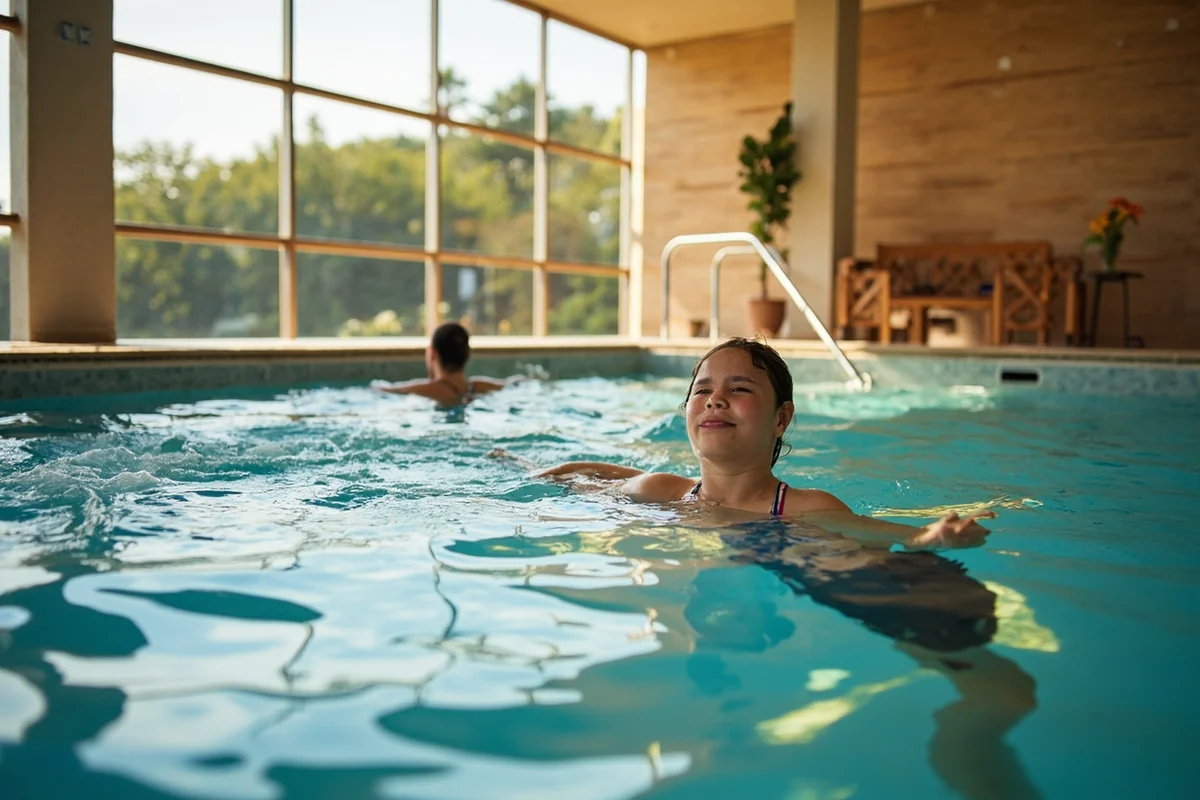 Peaceful shot of therapy pool with one or two soakers enjoying the water