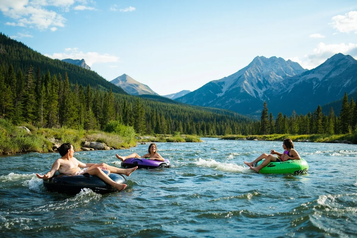 People floating down a Montana river on inner tubes with mountain backdrop