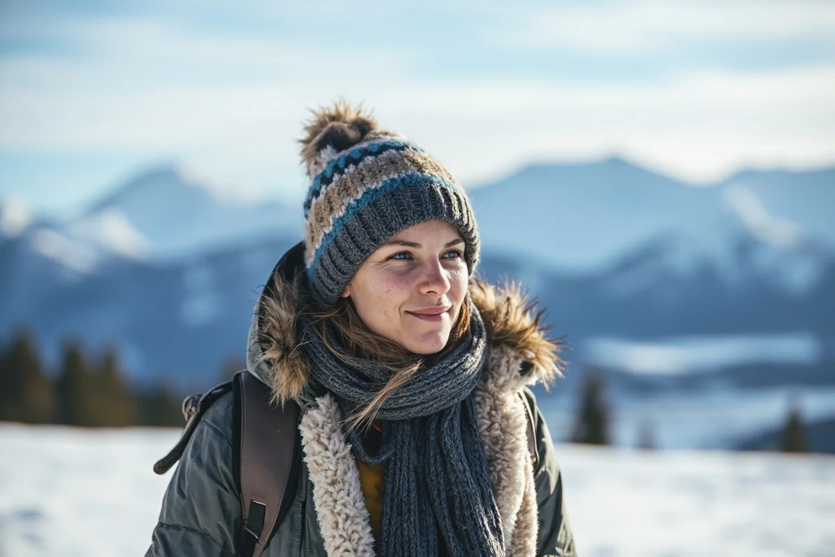 Person bundled in proper winter layers standing against snowy Montana mountain backdrop near Big Sky