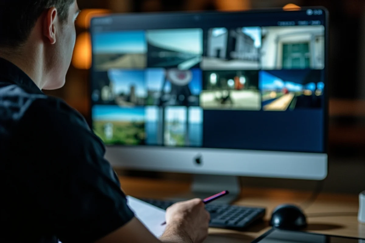 Person looking at multiple webcam feeds on a computer screen while taking notes