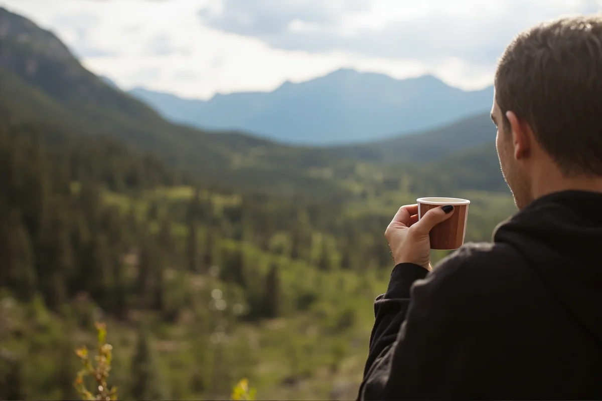 Person looking out at Montana mountain landscape with morning coffee