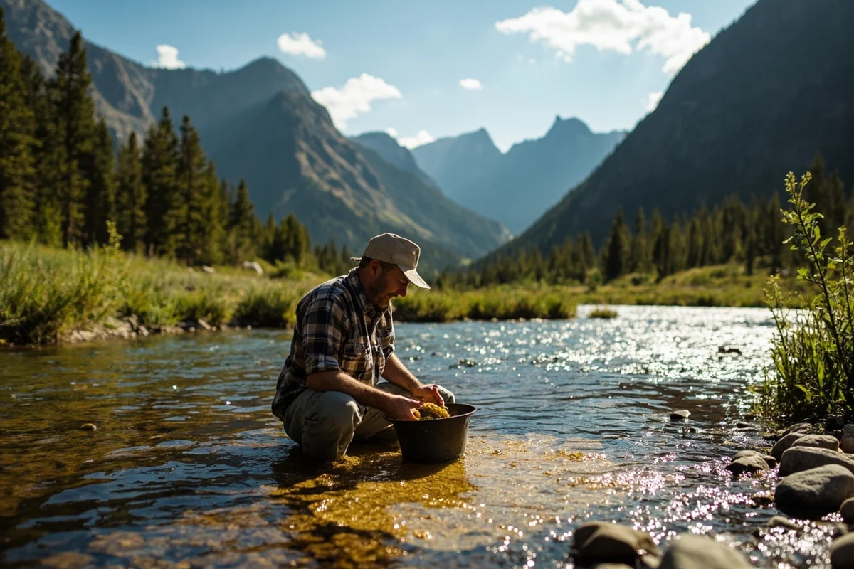 Person panning for gold in a Montana mountain stream with scenic mountain backdrop