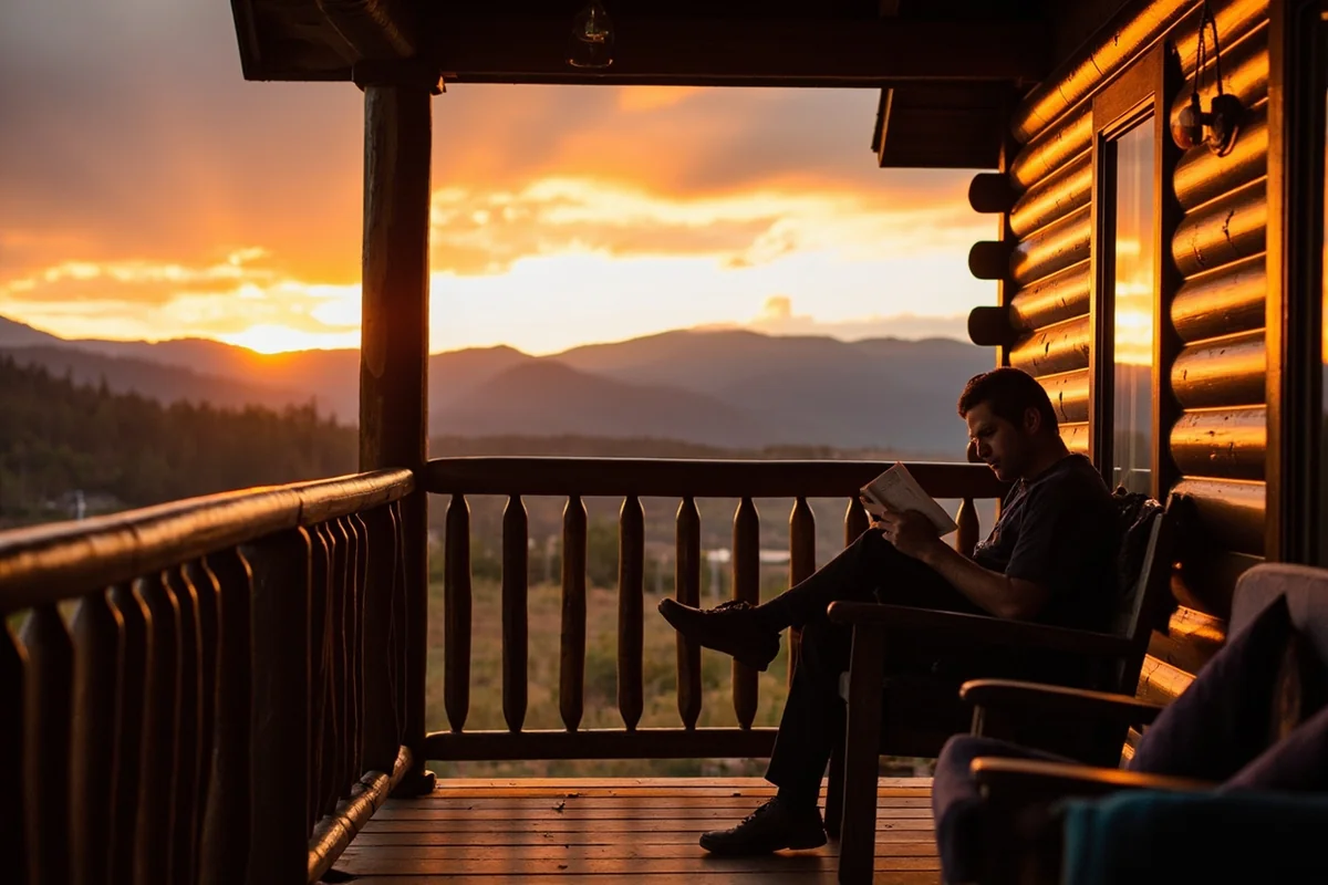 Person reading on cabin porch with Montana mountain view in background at sunset