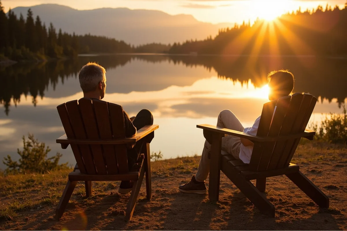 Person relaxing in Adirondack chair overlooking Whitefish Lake at golden hour