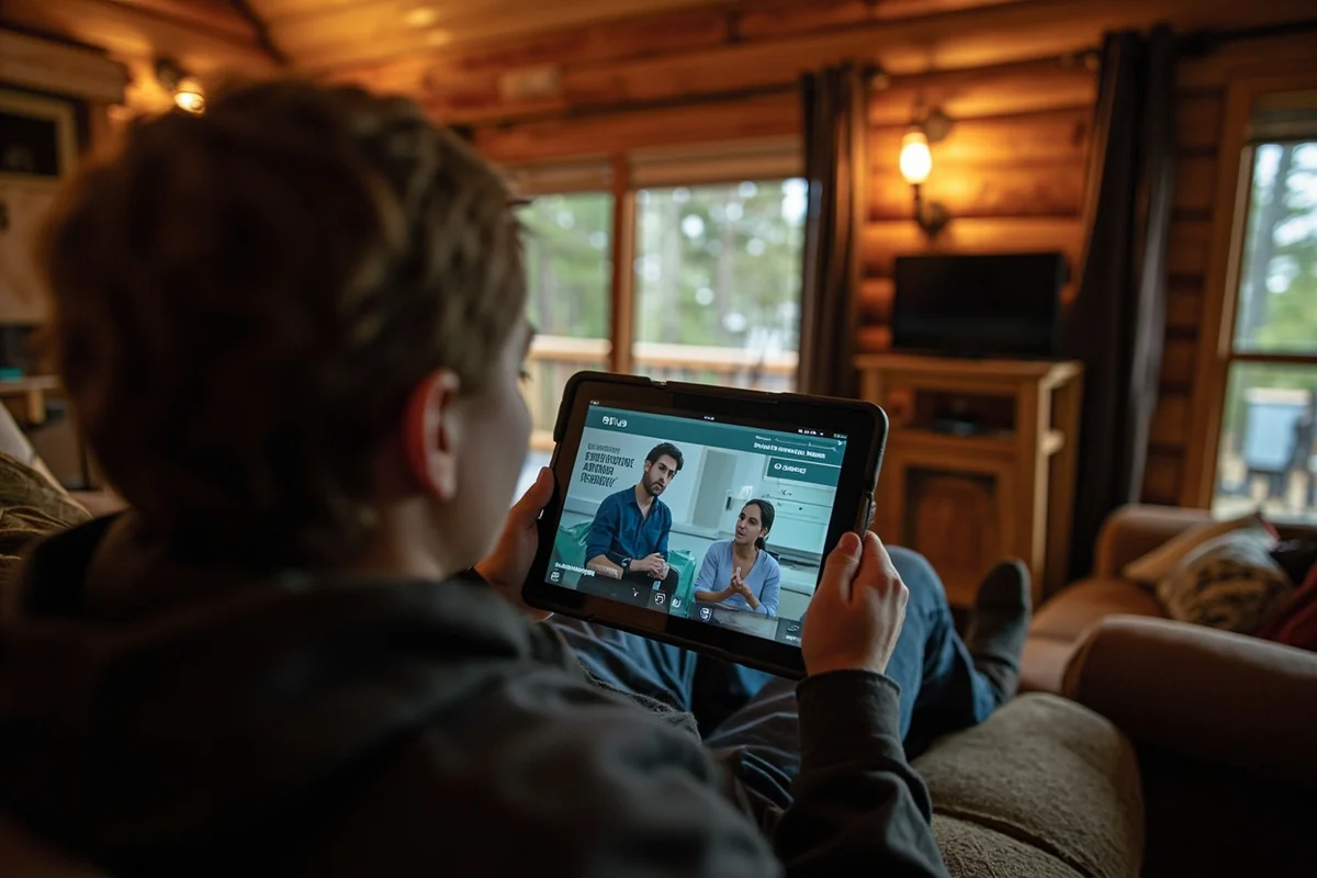 Person relaxing in Montana cabin watching streaming content on tablet